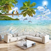 custom wall mural waterproof canvas wallpaper mediterranean landscape painting parrot dolphin beach blue sky living room decor