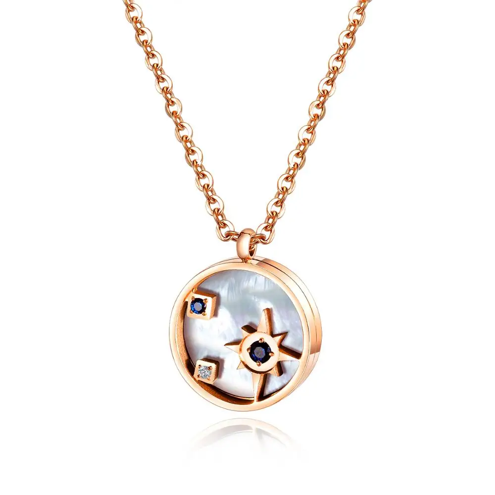 

Titanium Steel Shell Circle Blue Crystal Charm Pendant Necklaces Jewelry Rose Gold CZ Crystal Choker Wedding Necklace For Women
