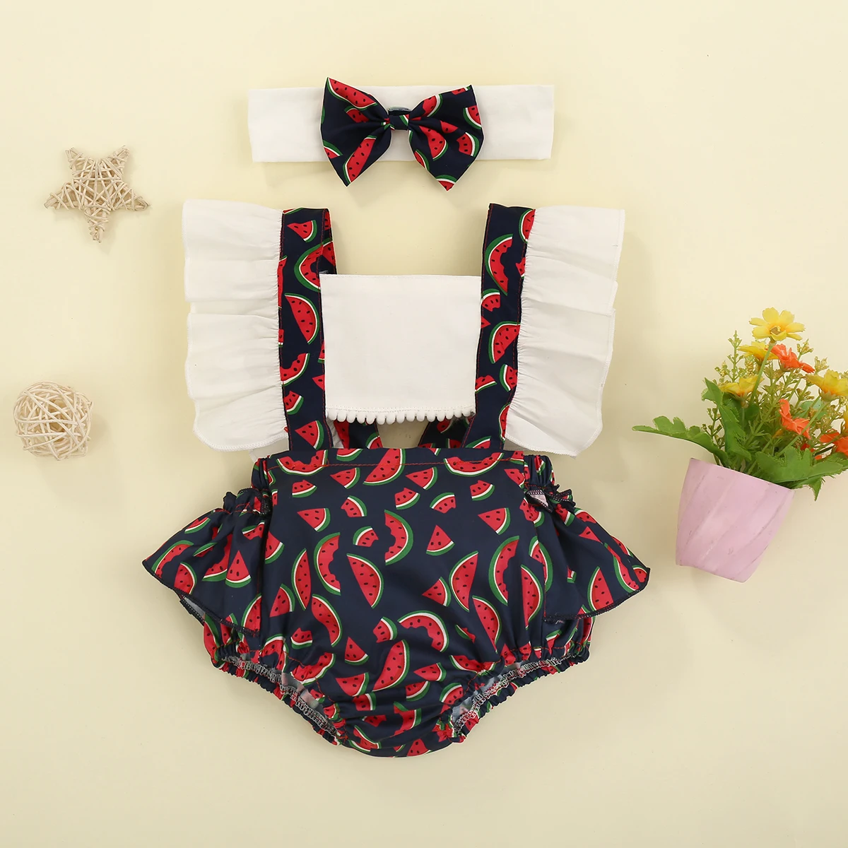 

Модный комплект одежды для маленьких девочек из 2 предметов, хлопковый комбинезон без рукавов с принтом арбуза + повязка на голову, летняя по...