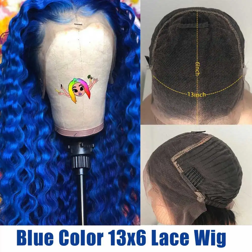 Blue Color 13X6 Wig Цветной парики 13X6 глубокий часть синий Синтетические волосы на кружеве человеческих волос фронтальной парики Волнистые 613 блондинка предварительно Remy для черный Для женщин - Цвет: Blue Color 13X6 Wig