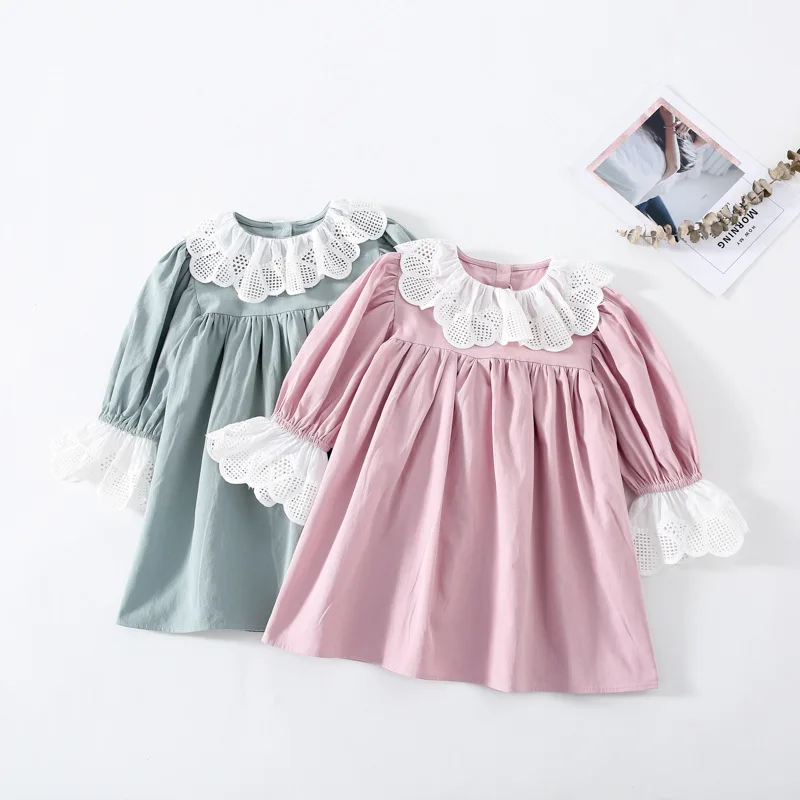 

Children Dresses 2021 Spring and Autumn New Girl Lace Collar Dress Kids Long Sleeve Cotton Lovely Princess Infant Princess Dress