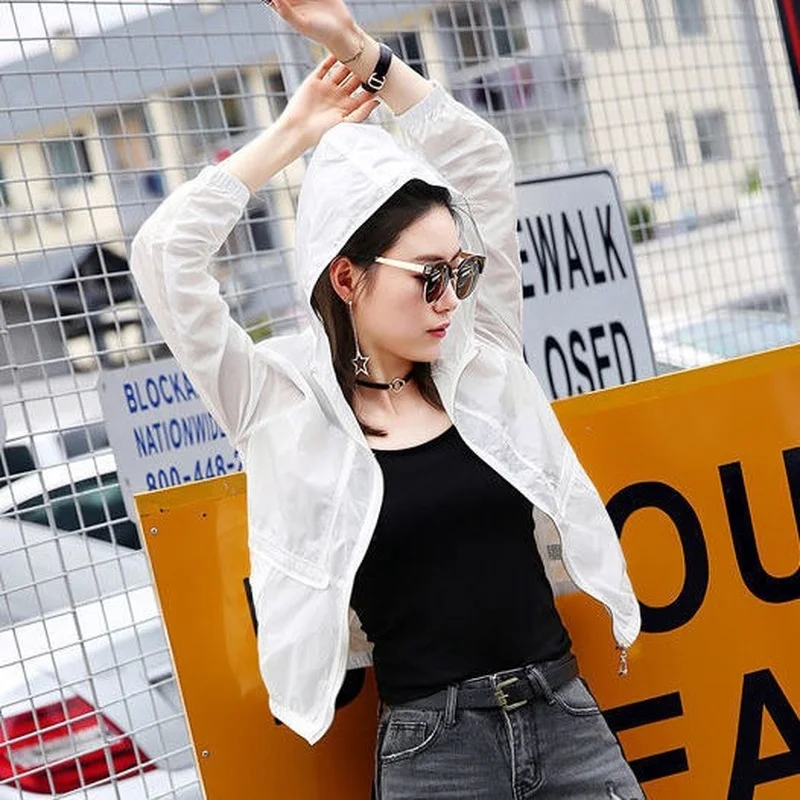 

Jackets Women Trendy All-match Spring Summer Thin Hooded Femme Sun Protection Jacket Solid Red Basic Chic Lady Coats Y962