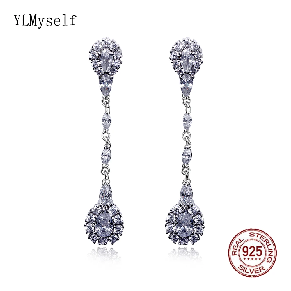 

46MM Pure Sterling Silver Long Drop Earrings With Shiny Zircon Crystal Real 925 Fine Jewelry For Women