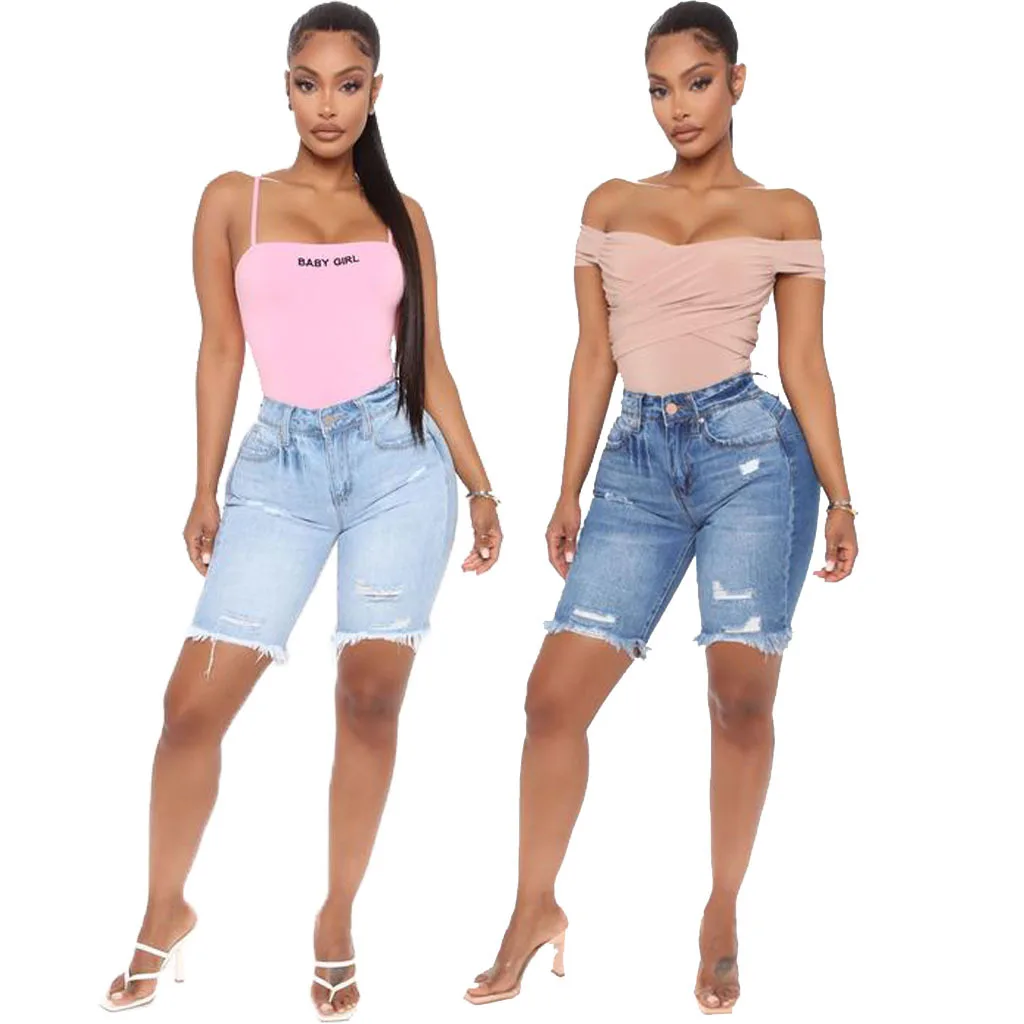 

Hot Sale Fashion Ripped High Waist Washed Denim Stretch Straight Women's Shorts