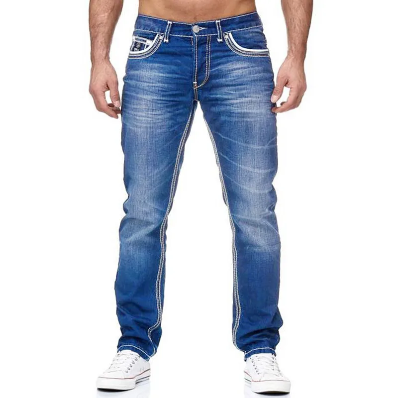 

Men Jeans Solid Pockets Stretch Straight Pants Denim Jeans Smart Casual Denim Trousers Daily Streetwear Men's Clothing