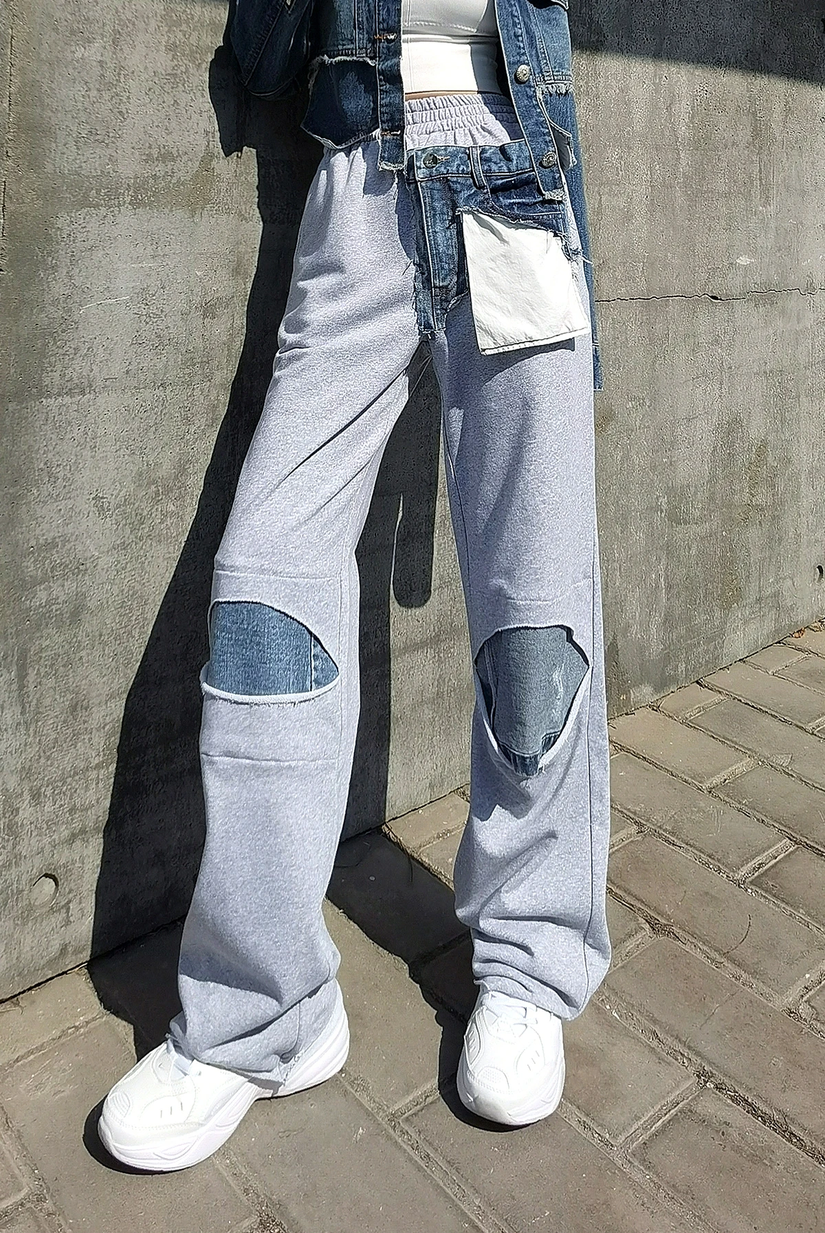 

Original Temperament Denim Stitching Niche Street Style Sweatpants Asymmetric Ripped Designer European Goods Casual Pants