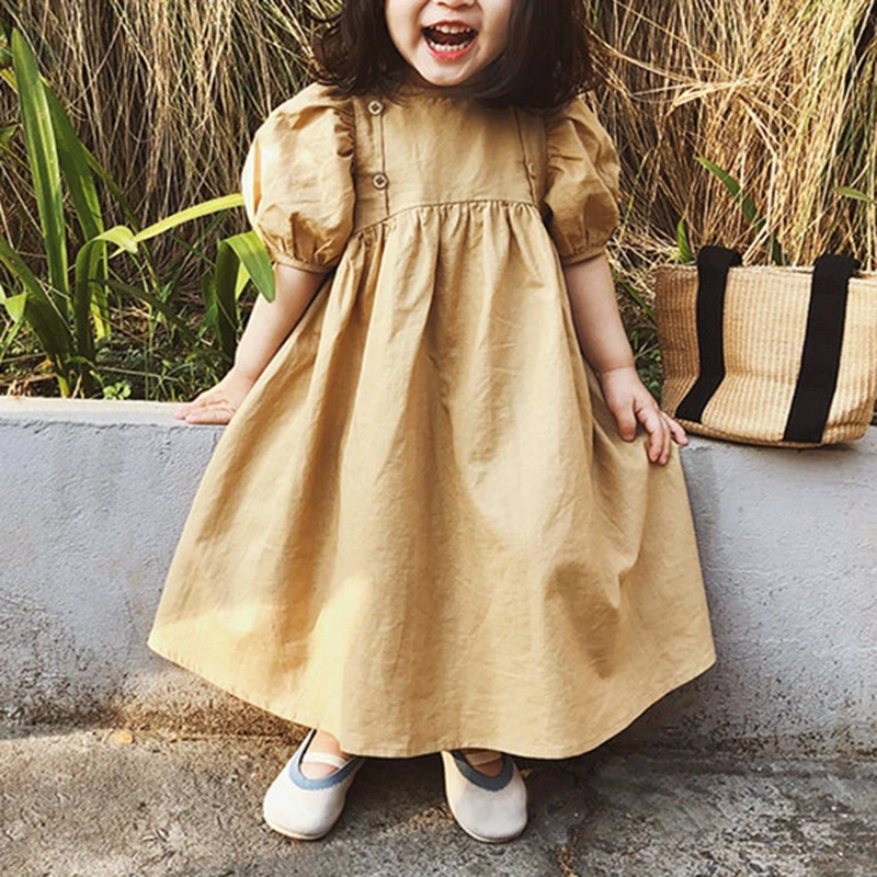 

Childrens Dress Summer Fashion Baby Clothing Girls Casual Solid Color Retro High Waist Princess Dresses With Puff Sleeve Clothes