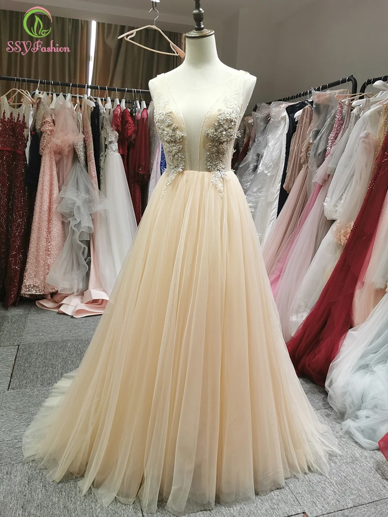 SSYFashion Новое роскошное вечернее платье высокого класса на заказ цвета шампанского с v-образным вырезом и кружевной аппликацией Бисероплетение без спинки Lllusion официальное платье для выпускного вечера
