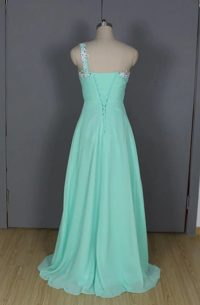 

Fashion One Shoulder Lace Applique Chiffon Floor Length Bridesmaid Dresses