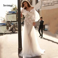 sevintage mermaid scoop boho wedding dress off the shoulder long puff sleeve appliques lace wedding party gowns bride dresses