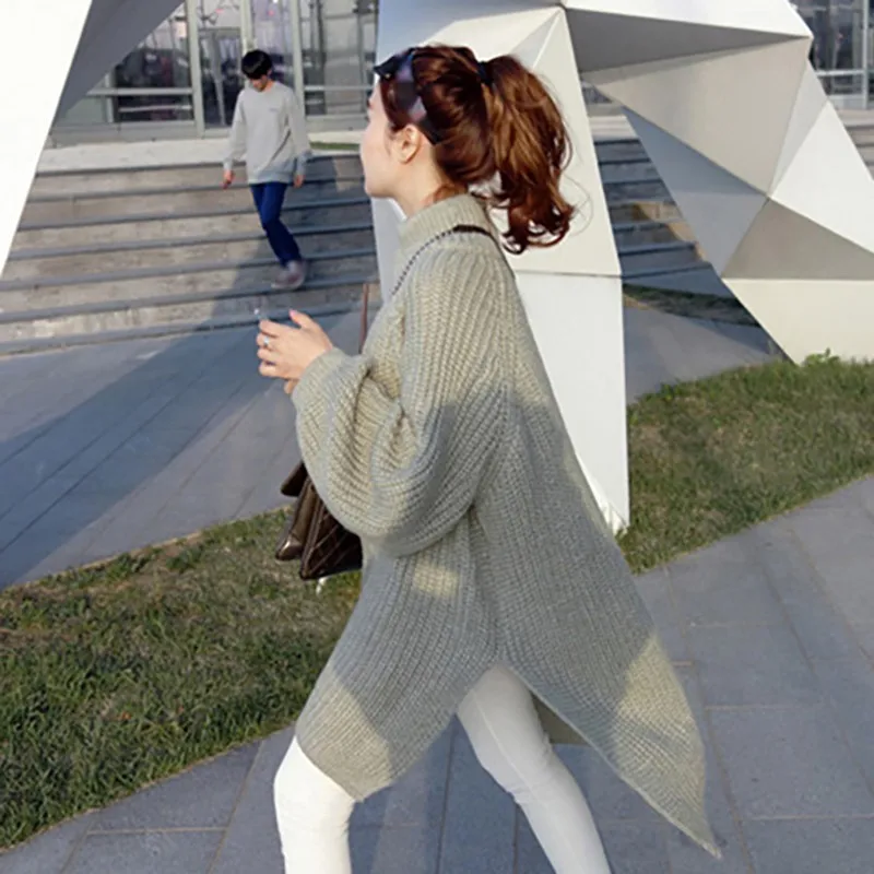 Осень Зима Женский прочный фонарь рукав с Боковым Разрезом свитера свободные