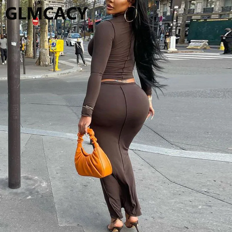 

Women Two Piece Elegant Dress Suits Long Sleeve Tunic Crop Top Shirt & Maxi Skirt Set