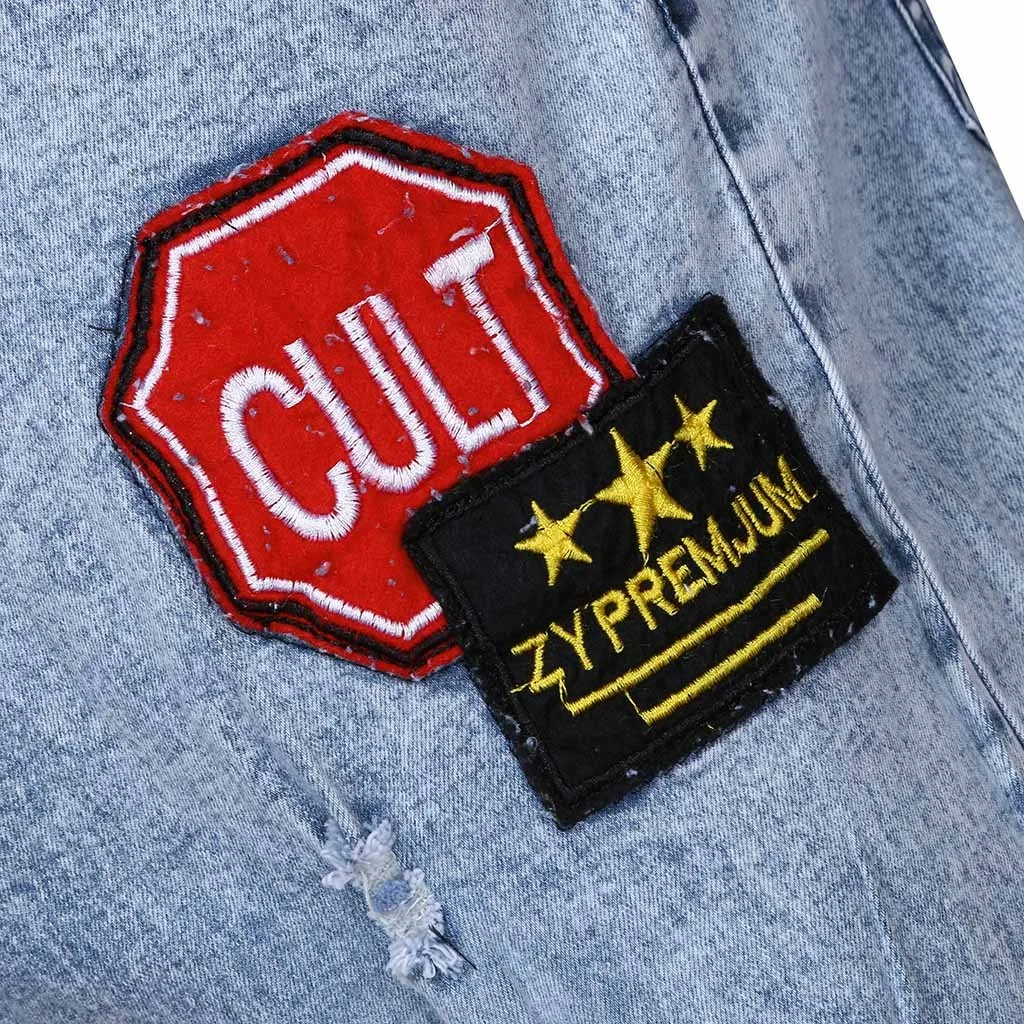 Мужские рваные джинсы с вышивкой синие эластичные облегающие брюки в стиле