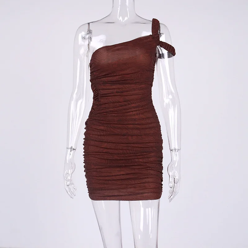 

Sexy Mesh Print Mini Dress Bodycon Ruched Club Dress One Shoulder Party Dresses For Women 2021 Waist Side Hollow Casual Vestidos