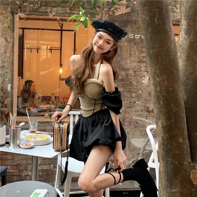 

Spring Summer Gothic Sexy Harajuku Black Women Sexy Club Puff Sleeve Top Shorts Female Off Shoulder Vestidos Clothes