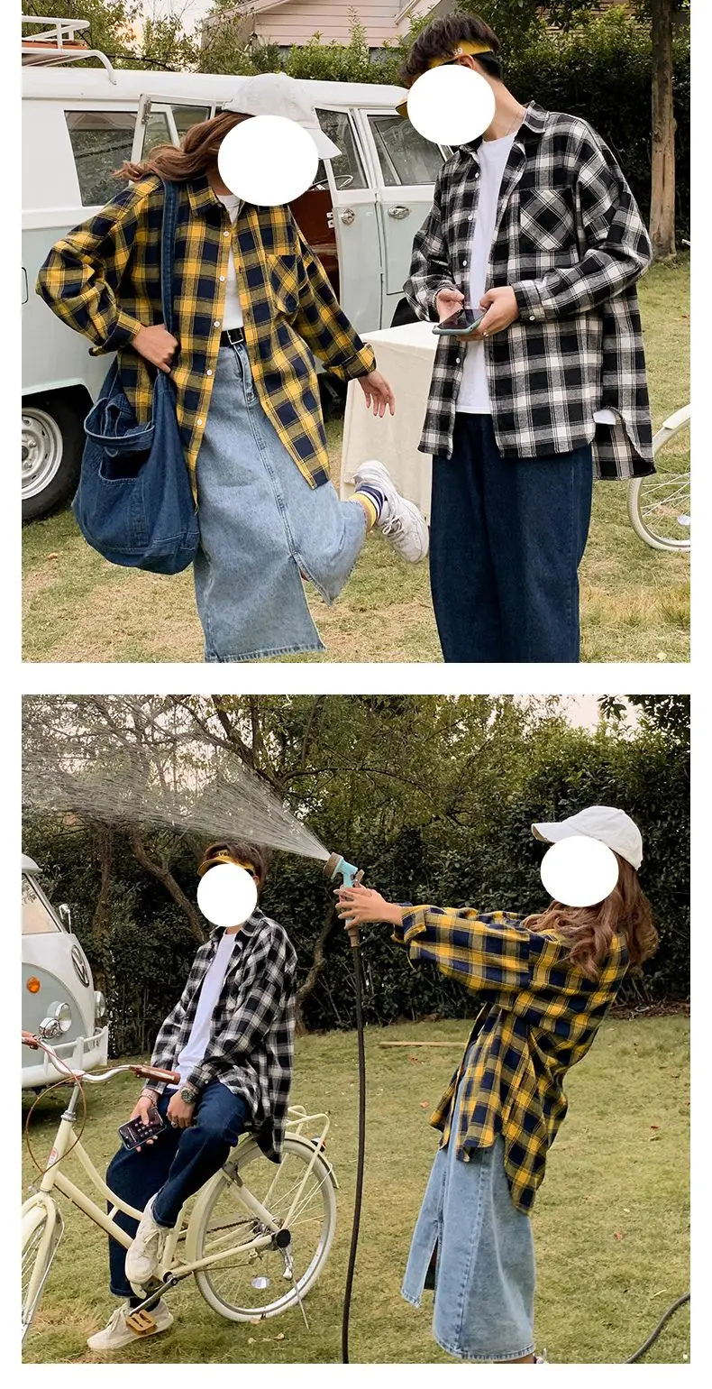 

Muyogrt Men Oversized Cotton Plaid Shirt 2020 Man Hip Hop Patchwork Button Up Long Sleeve Shirt Couple Korean Harajuku Clothing