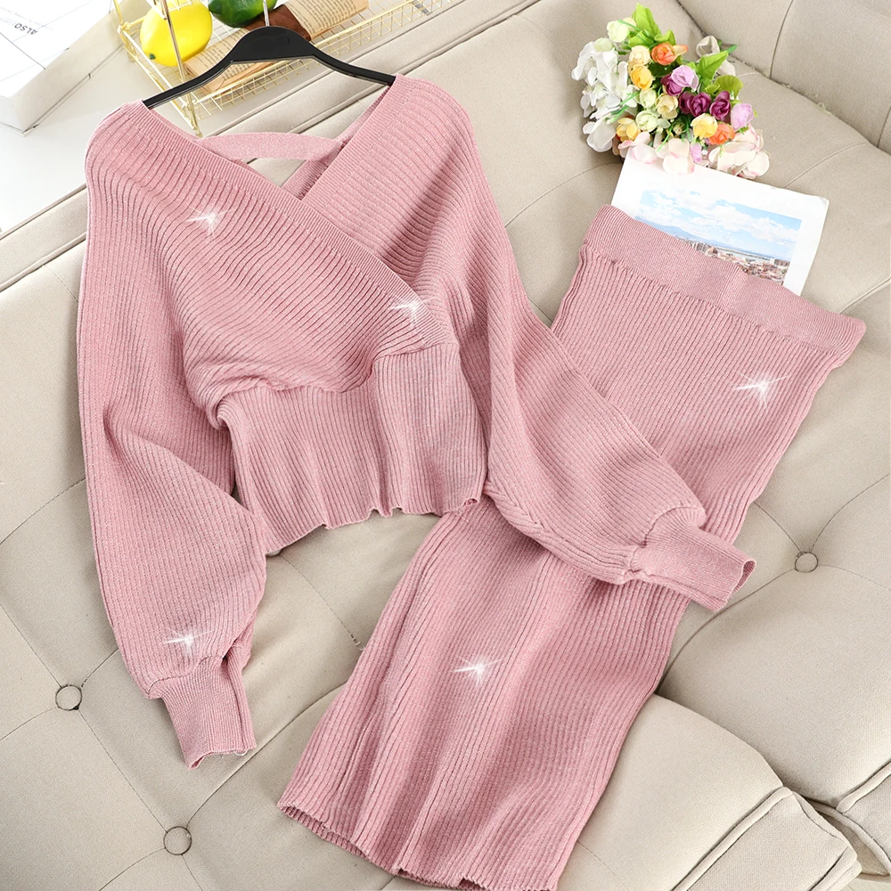 SINGRAIN женский свитер из люрекса + вязаная юбка карандаш блестящие вязаные