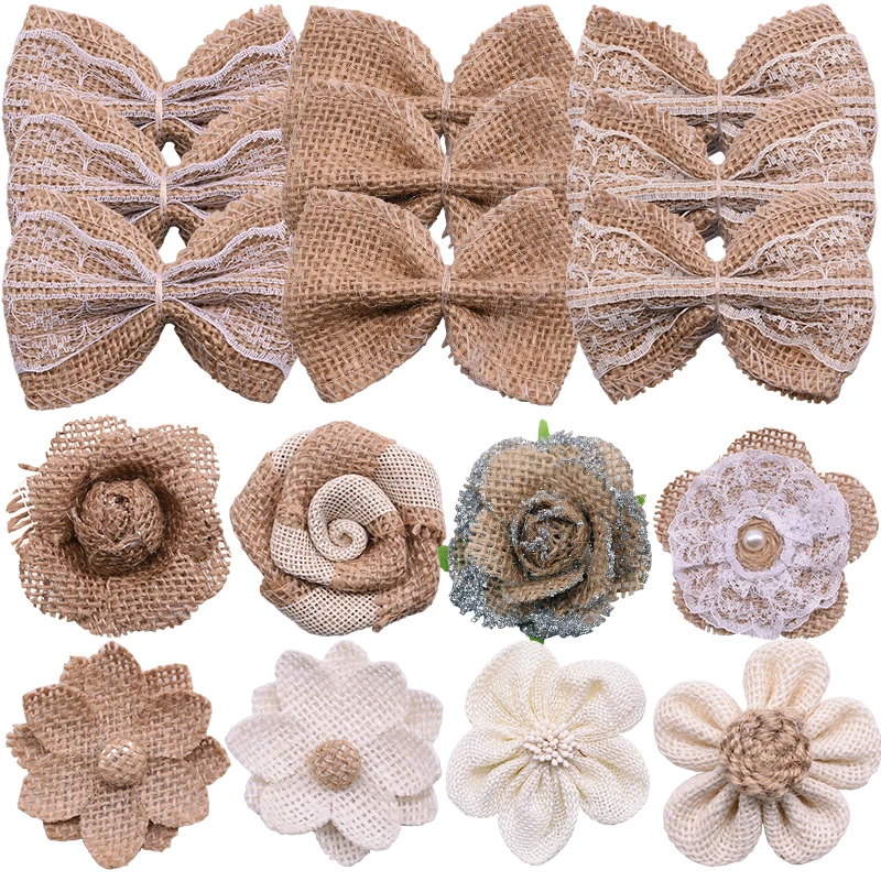 

5pcs Burlap Flower Natural Rustic Flower Bowknot with Faux Pearls for DIY Craft Bouquets Home Wedding Christmas Party Decoration