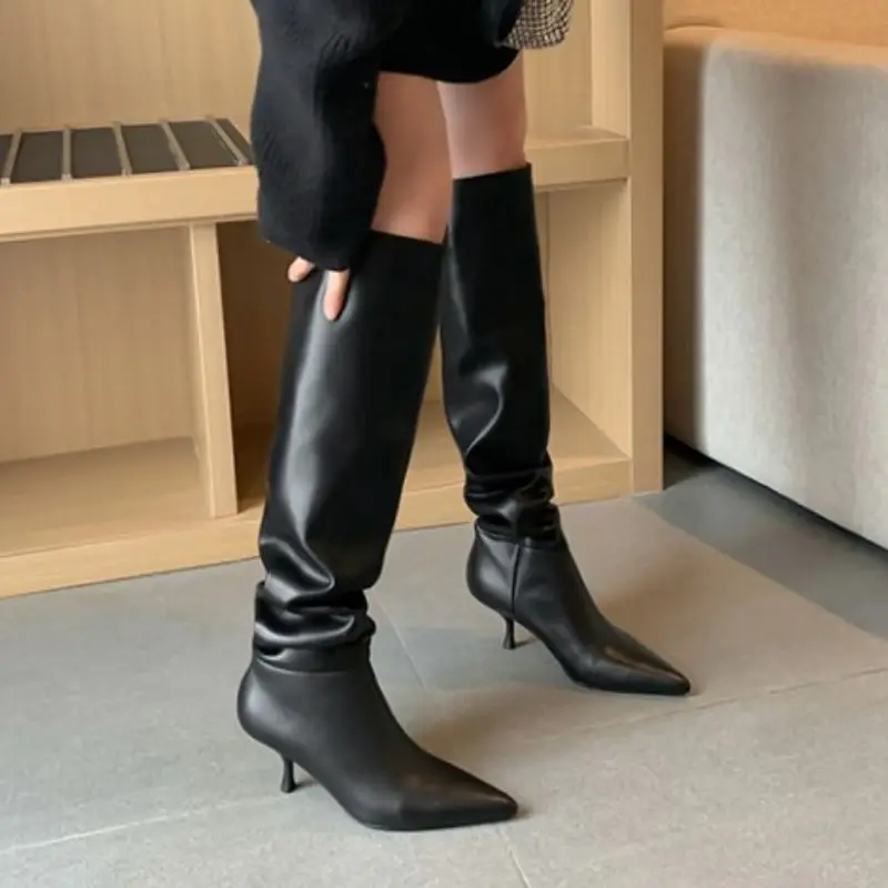 

KemeKiss Real Leather Woman Knee Boot Sexy Thin High Heel Winter Shoes Woman Warm Pointed Toe Fashion Lady Long Boot Size 33-43