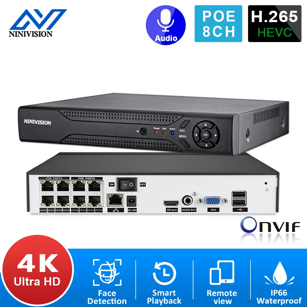

4K 8MP NVR Ultra HD H.265+ 8CH POE Network Video Recorder NVR Suppot Face record & Face playback Infrared alert P2P