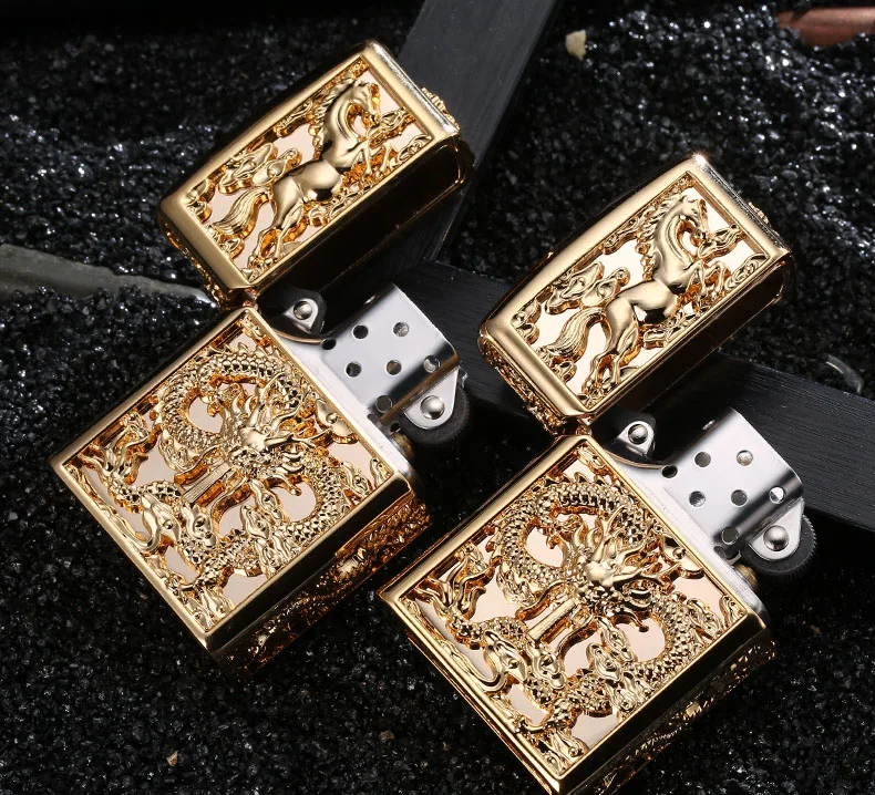 Высокая класс 24K золотой тяжелый главный Керосин Зажигалка выдолбленная Броня дракон/лошадь деревянная Подарочная посылка