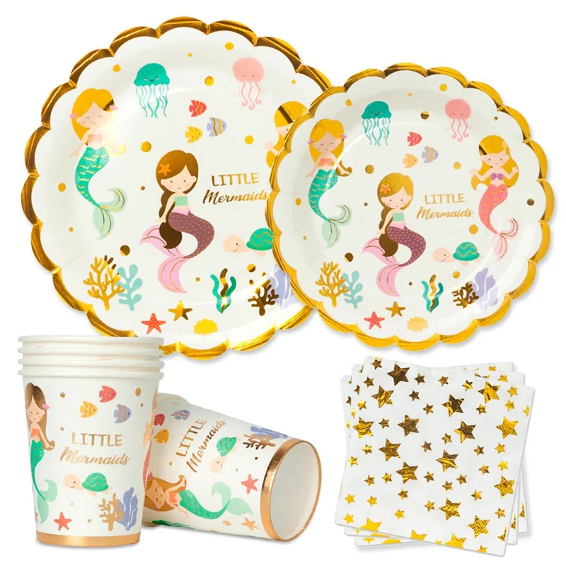 Золотые Foli Русалочка одноразовая посуда бумажная салфетка под тарелку кружку