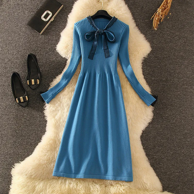 2019 осенне зимнее женское элегантное Голубое Кружевное вязаное платье с длинным