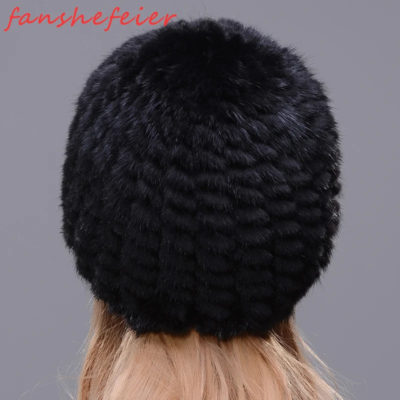 Зимняя вязаная Настоящая Натуральная норковая шапка для женщин Ermine хорошего
