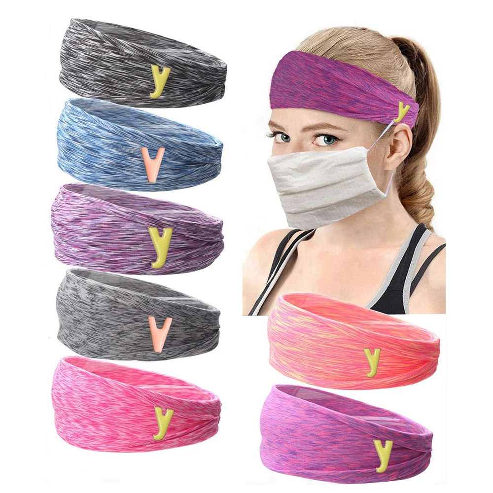 

2PCS Elastic Yoga HeadbandMask Detachable Button Printed Masks Hold Headbands Head Wrap Hairband Buckle For Yoga Running