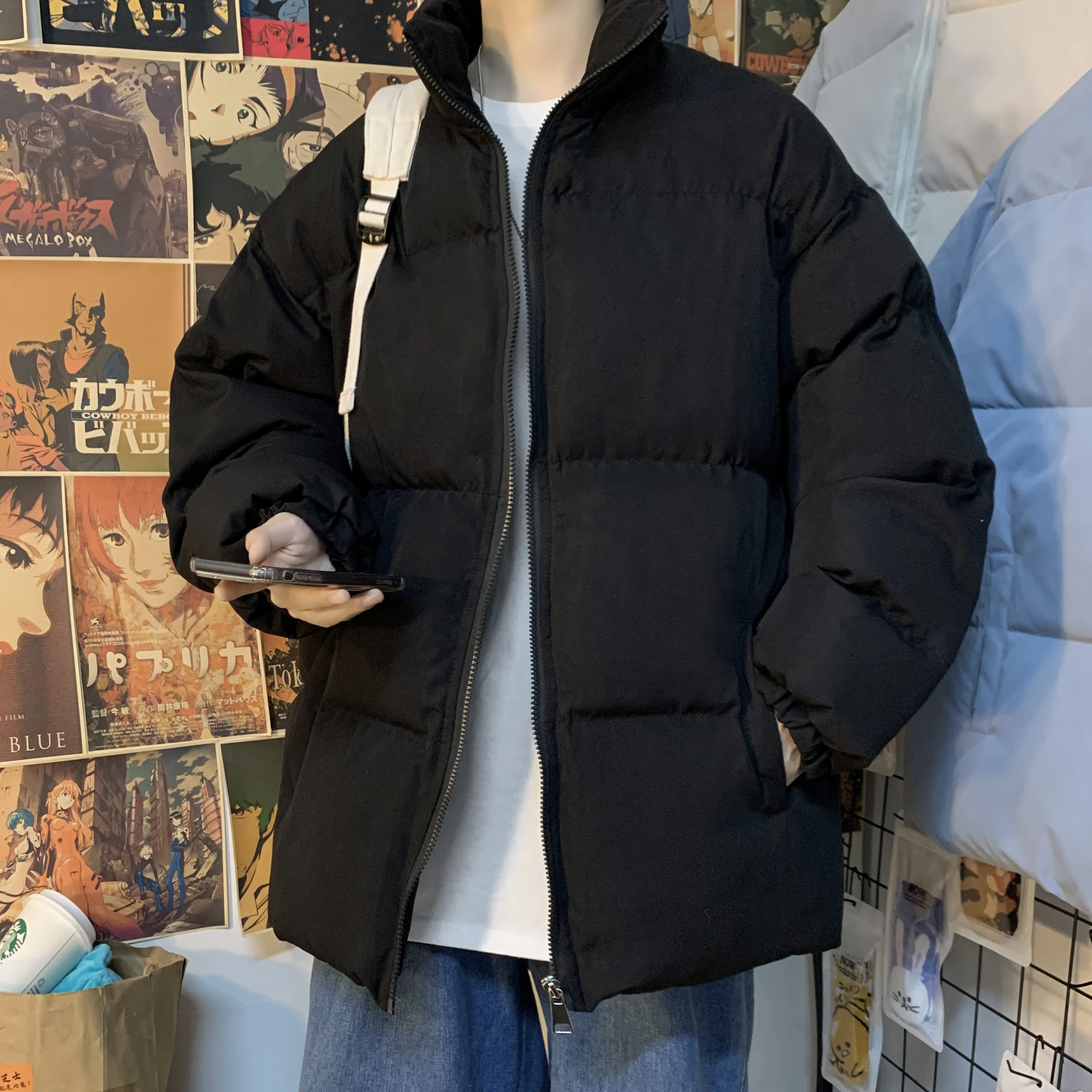 2021 men's solid color warm Hong Kong style cotton padded jacket men's new bread suit stand collar Korean ins trend cotton padde
