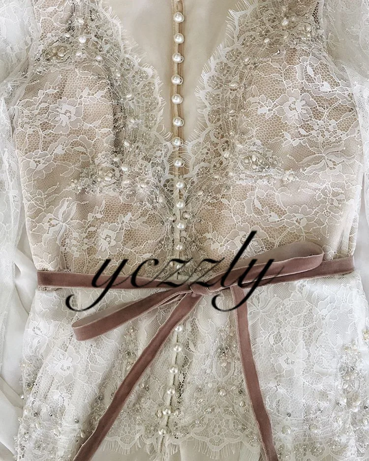 Boho Wedding Dress Sexy V-neck Long Sleeves Lace Appliques Pearls Beach Gowns Plus Size Chiffon Bride With Diamond | Свадьбы и
