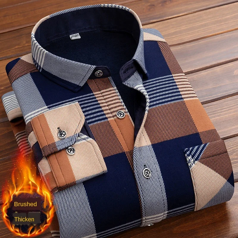 Spring Winter Men's Long Sleeve Plaid Flannel Fur Lined Thick Work Shirts fleece warm long sleeve shirt for men dress shirts | Мужская