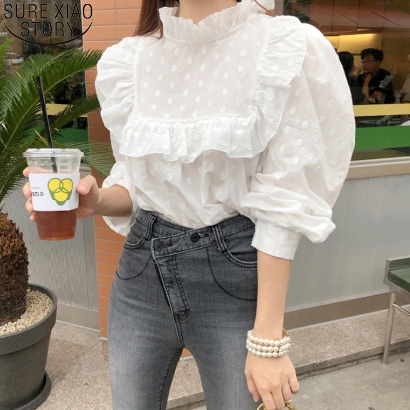 

Sweet Ruffled tops white dot blouse women Autumn cute Stand Collar Puff Sleeve White shirt Women Embroidery Blusas Mujer 12720