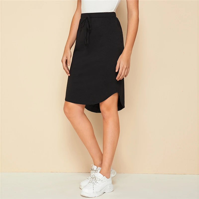 SHEIN черная Однотонная юбка с завязками спереди и высоким низким подолом Женская юбка Осенняя Женская Асимметричная Повседневная юбка длиной до колена