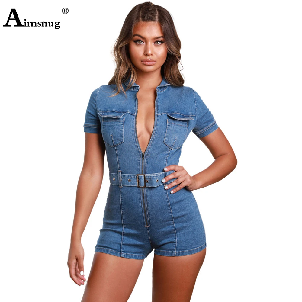 Short Sleeve Zipper Jeans Playsuits Plus Size Women Fashion Light Blue Denim Skinny Overalls 2021 Sexy Lace-Up Demin Jumpsuits
