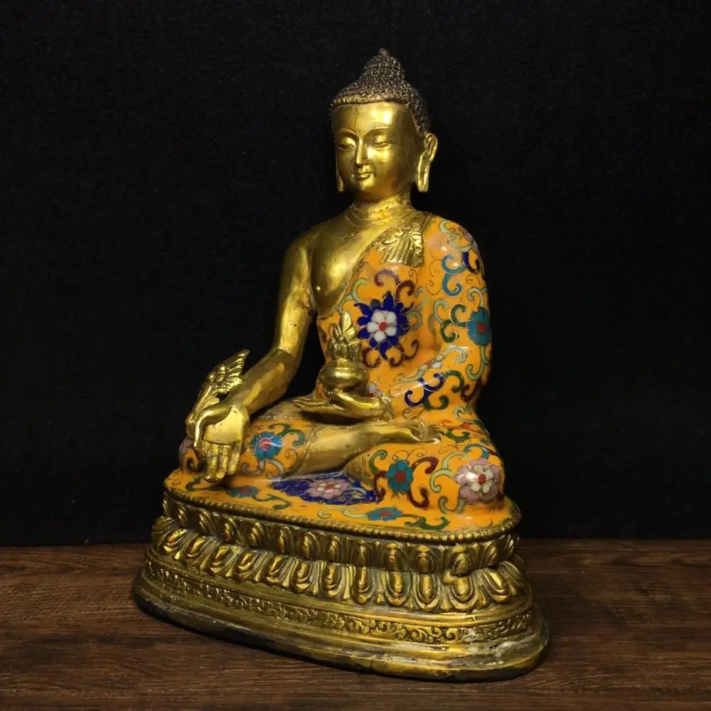 

8" China Folk Collection Pure copper cloisonne filigree enamel color Sakyamuni Statue Pharmacist Buddha Statue kyamuni