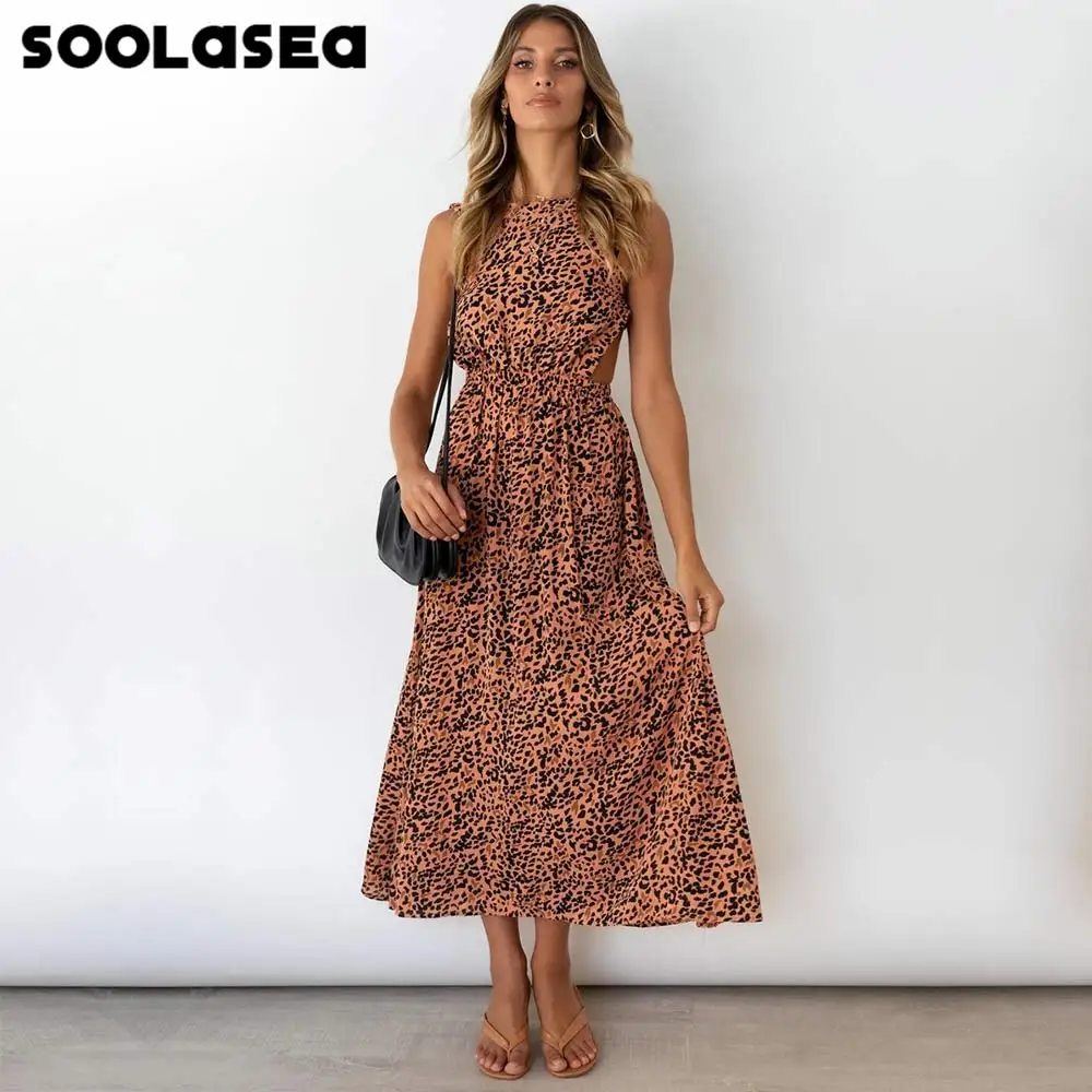 

Soolasea New Women's Summer Halter Long Beach Dress Elegant Leopard Print Party Dresses Lady Sexy Backless Boho Dress Vestidos