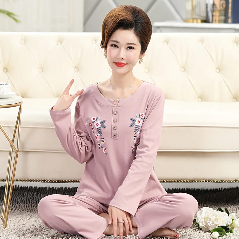 

Ladies Pajamas Long Sleeve Cotton Spring Autumn Middle-Aged And Elderly Mothers Plus Size Nightwear Cardigan Pyjamas Two-Piece