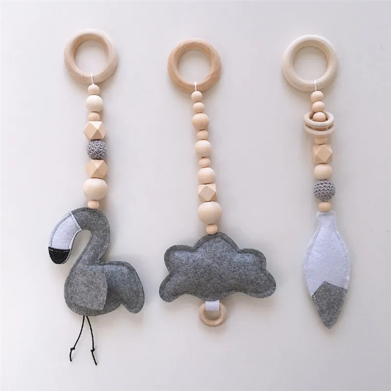 Nursery Wooden Beads Beads Wall Ornaments With Felt Feather Cactus Tent Hanging Pendant Baby Rattle Stroller Play Gym Toy Decor