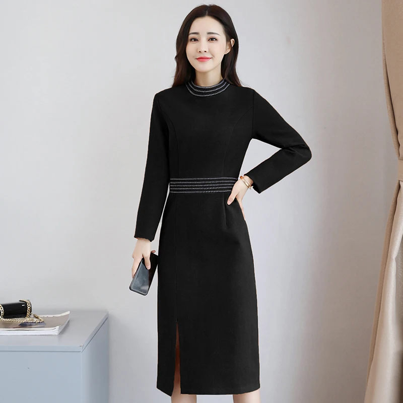 

2020 New Spring Autumn Black Long Sleeve Midi Women Dress Elegant Ladies Dresses Vintage Dress Women PP467