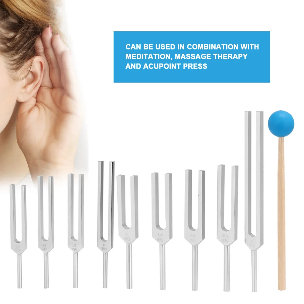 9Pcs 174/ 285/ 396/ 417/ 528/ 639/ 741/ 852/ 963HZ Massage Therapy Acupoint Relax Tuning Fork Sound Healing Therapy Tool Set