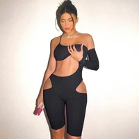 asymmetrical one sleeve bodycon jumpsuit shorts women 2020 sexy cut out fitted black playsuit club wear party romper mono mujer