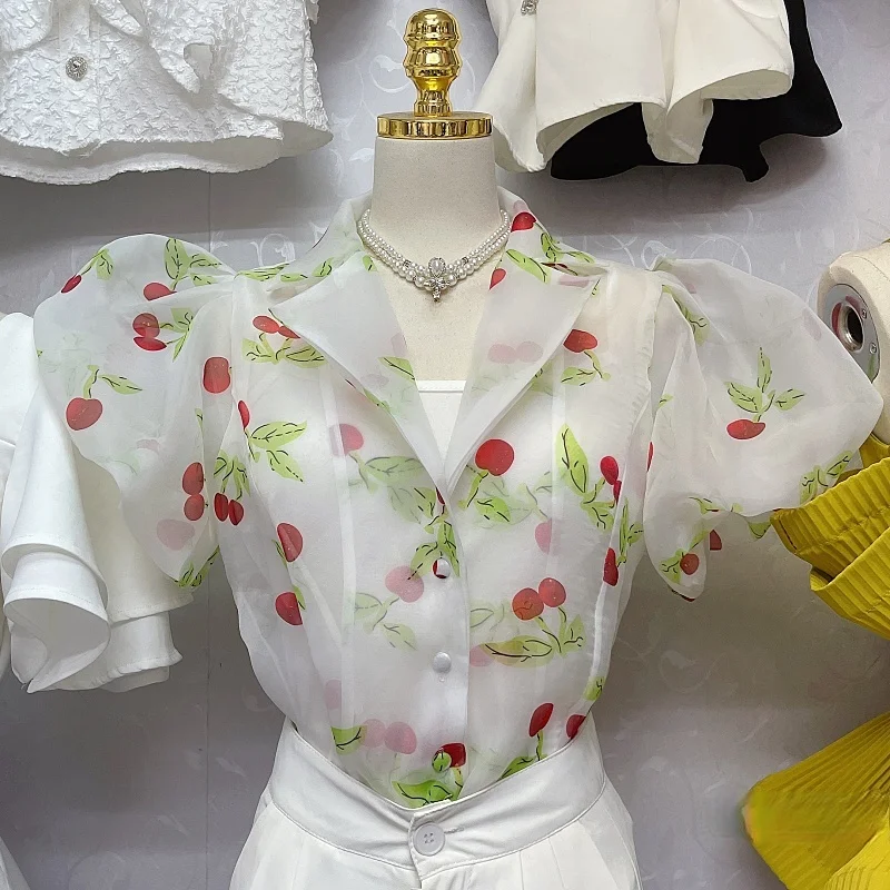 

Organza Shirt for Women 2021 New Summer Short Sleeve Floral Print Sexy Tops Outer Wear Blouses Femme White Black