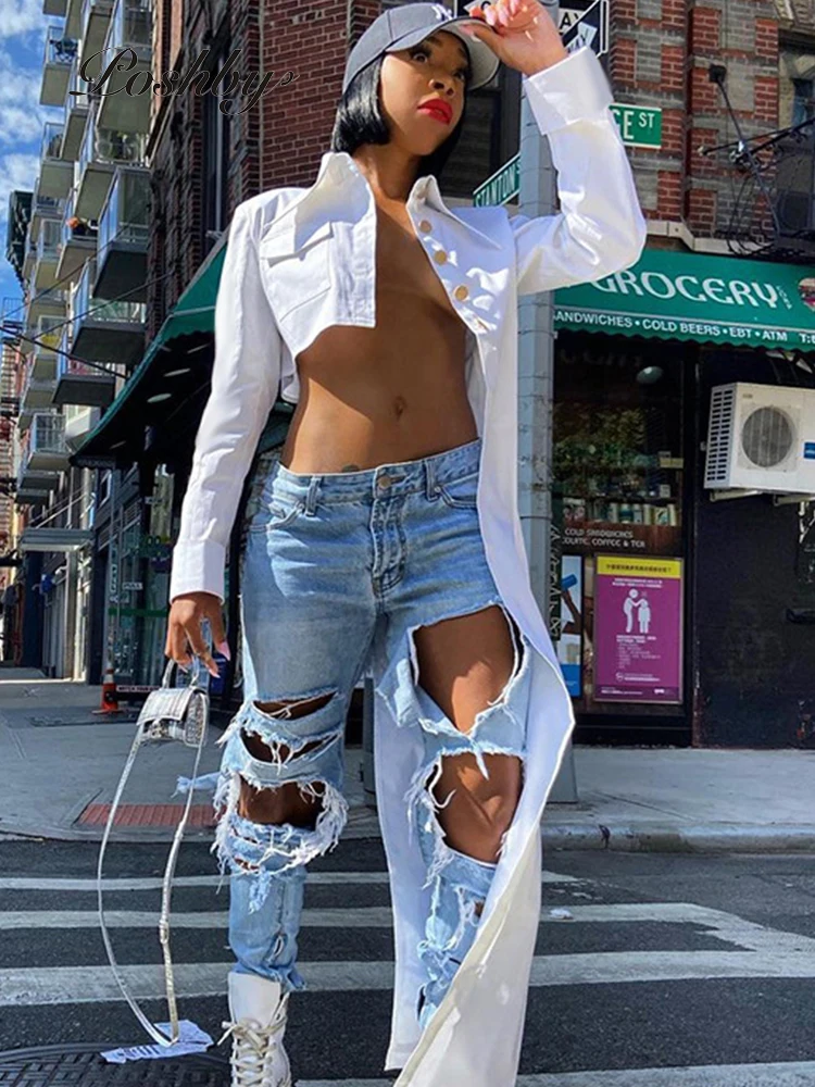 

Poshby Asymmetric Young Girl Y2k Shirt Tees White Women Streetwear Crop Top Lapel Button Up Long Sleeve Autumn Winter Cardigans