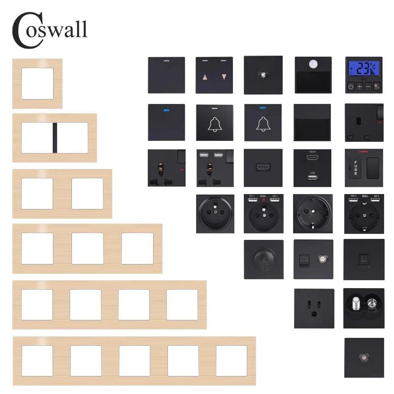 COSWALL L1 Series Gold Brushed Aluminum Panel Wall Switch EU French Socket HDMI-compatible USB Charger TV RJ45 Modules DIY