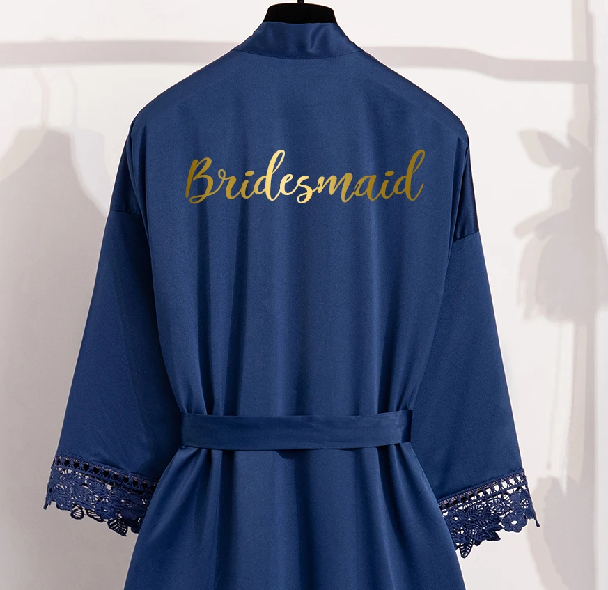 Матовые атласные халаты для подружки невесты цвет темно синий золотистый|Халаты|