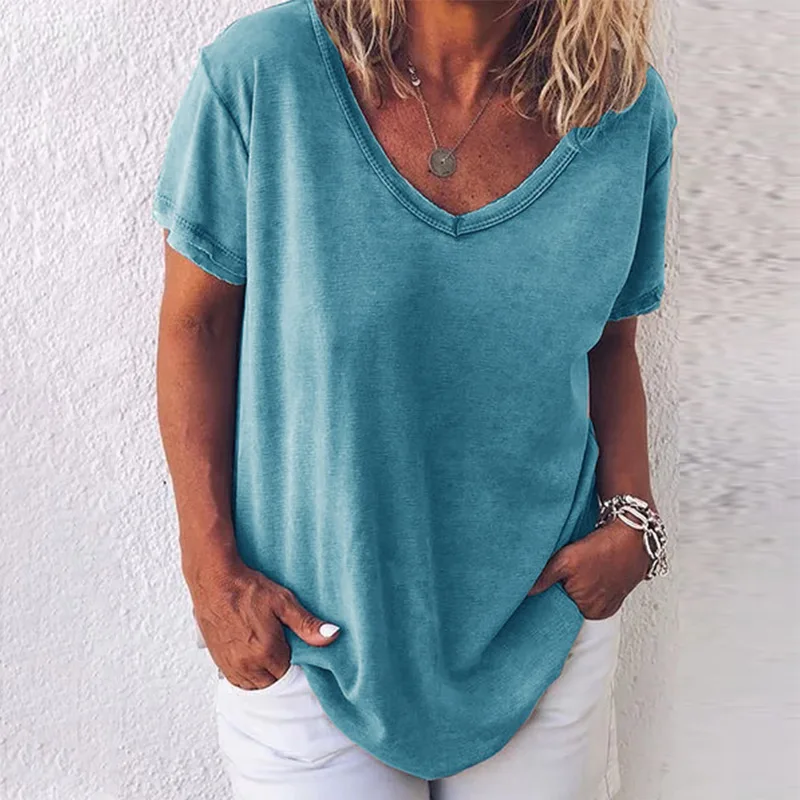 Женская свободная футболка с v-образным вырезом однотонная повседневная женская