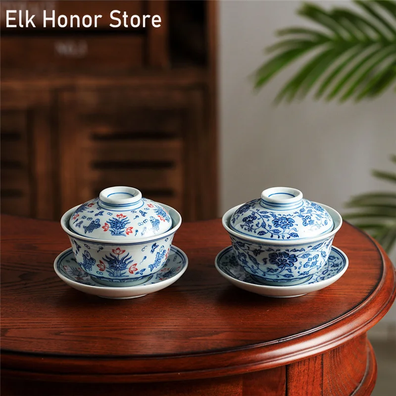 

210ml Ancient Enwind Branch Tea Tureen Japanese Style Hand Painted Lotus Lines Art Ceramic Tea Bowl With Saucer Lid Kit Master