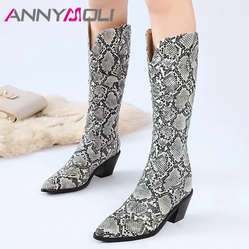 

ANNYMOLI Women Shoes Western Boots Chunky High Heel Knee High Boots Pointed Toe Fashion Ladies Boots Autumn Winter Apricot 46