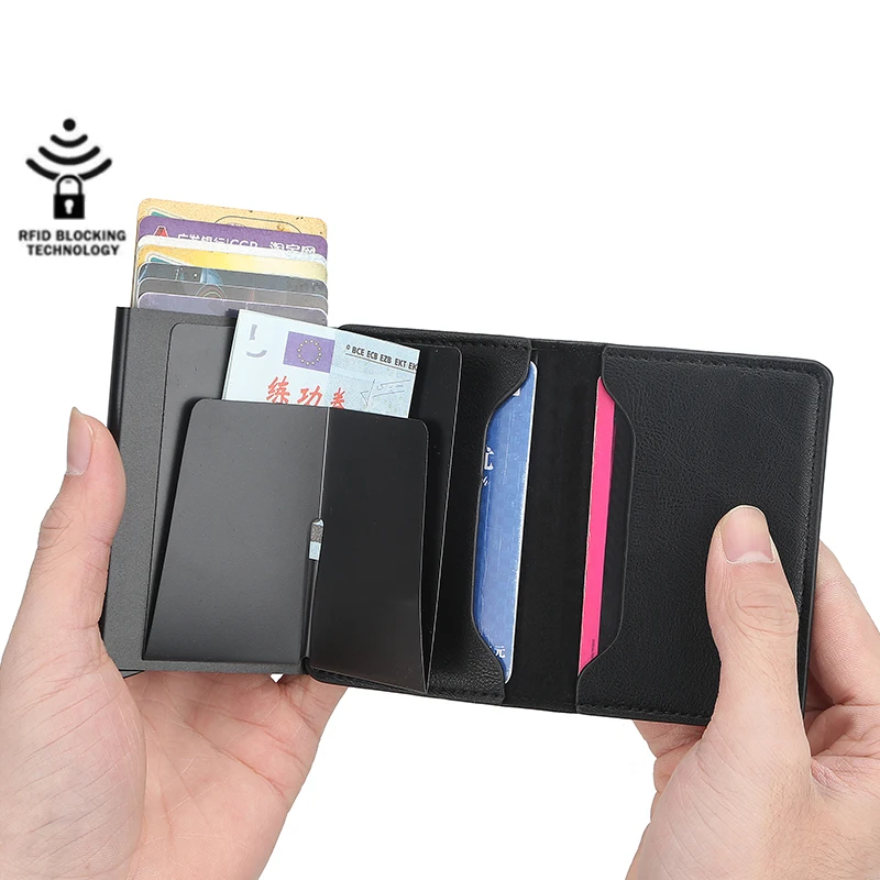 

Men's And Women's Card Holders Anti-Degaussing Automatic Eject The Card Type Rfid Bank Money Bag Top Quality PU Leather Wallets